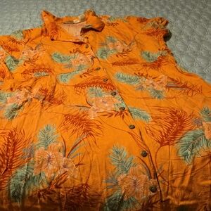 Orange Tropical Button-Up Shirt Dress Short Sleeve